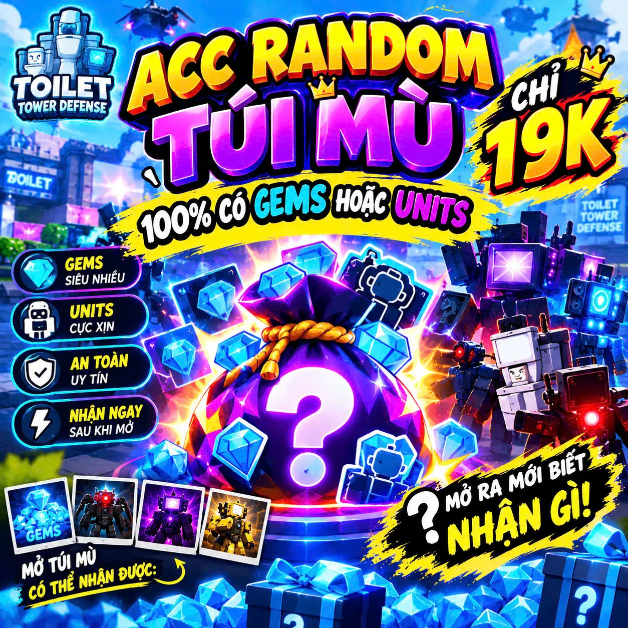 acc 19K túi mù random Toilet Tower Defense (TTD)